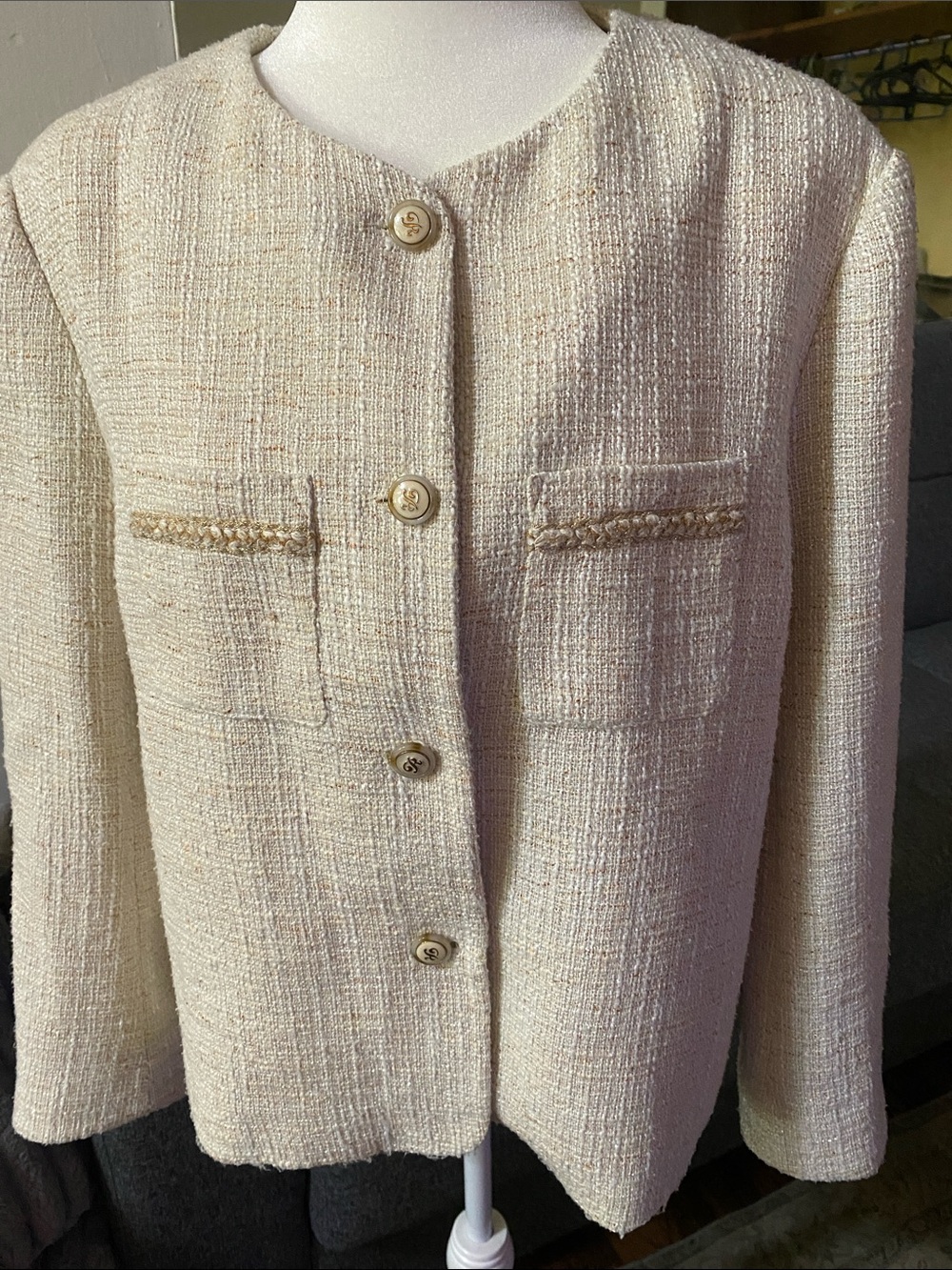 Women's Cream Bouclé Jacket with Decorative Buttons